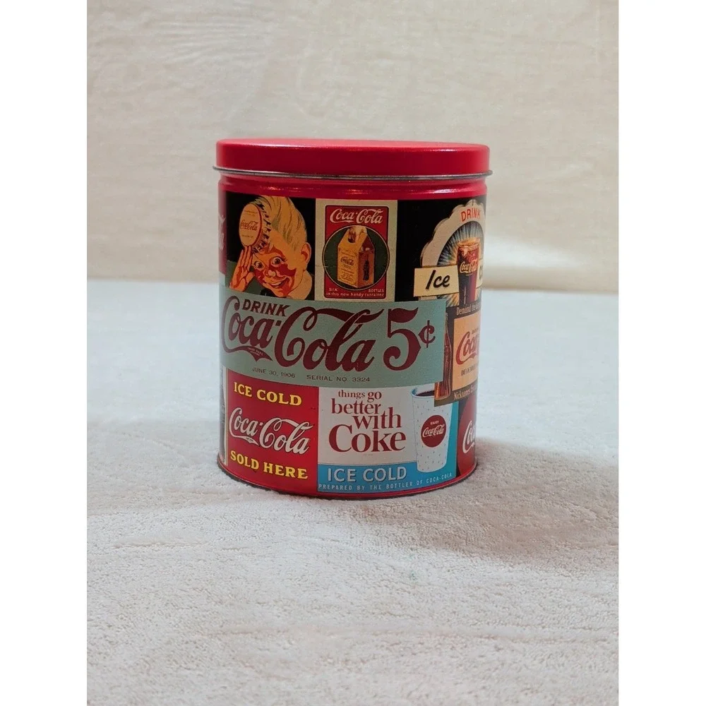 Vtg 1993‎ Coca-Cola Advertising Collage Tin Canister Red Lid 6 Inch Collectible